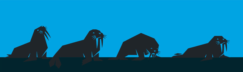 Walrus silhouettes in various poses against a blue background, depicting arctic wildlife. © Riki