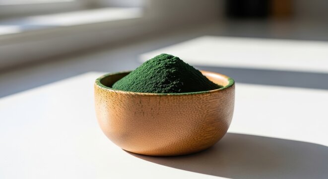 Green Powder Sits in Bowl Showcasing Healthy Organic Superfood