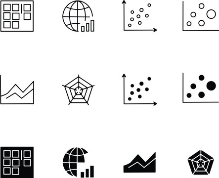 Collection of data visualization and graph icons in black and white