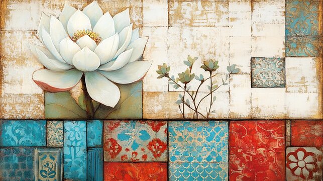 A vibrant mosaic tile wall featuring a large white succulent blossom and delicate dried stems