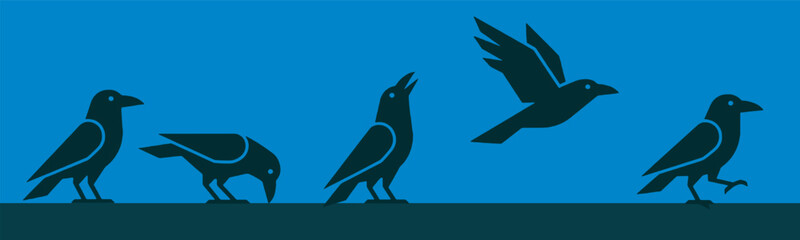 Obraz premium Silhouettes of various black crows in different poses against a blue background, including standing, pecking, cawing, flying, and walking.
