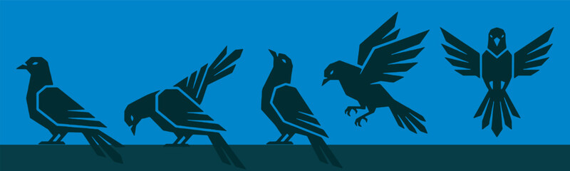 Illustration of birds in various poses, including flying and perched, against a blue background. © Riki