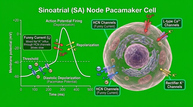 Sinoatrial node pacemaker cell diagram with action potential firing and channels