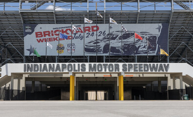 Naklejka premium Indianapolis Motor Speedway Gate Two entrance with Brickyard Weekend banner. IMS is the Racing Capital of the World.