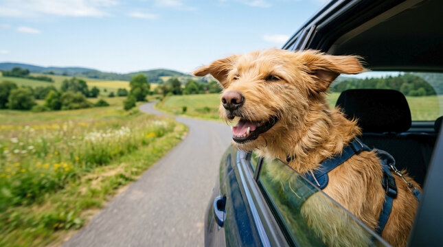 Happy dog with head out of car window enjoying scenic drive on sunny day. Dog with fur blowing in wind while traveling along picturesque road through green countryside.