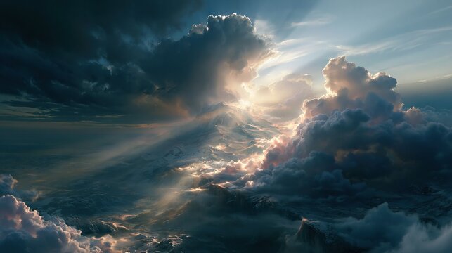Dramatic golden sun rays breaking through thick fluffy clouds covering the peak of snow-covered massive mountain creating stunning majestic natural landscape