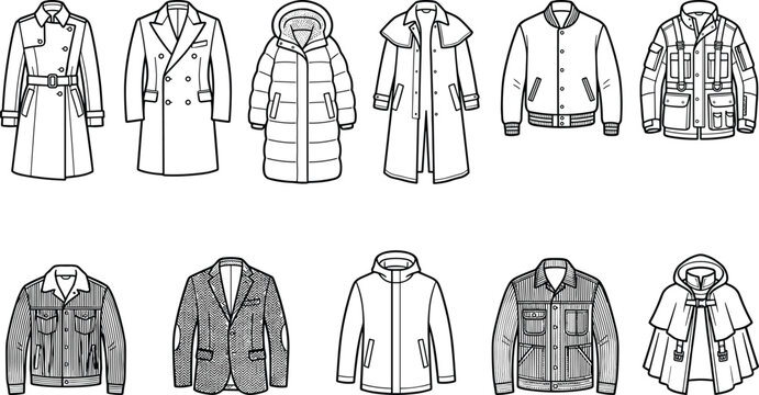 A comprehensive set of professional line art illustrations featuring various styles of winter outerwear, coats, and jackets for fashion design and apparel concepts.
