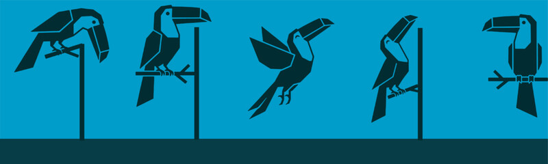 Obraz premium Stylized Toucan Silhouettes in Various Poses on a Blue Background.