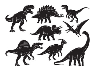 Collection of dinosaur silhouettes including T-Rex, Stegosaurus, and Triceratops © MD