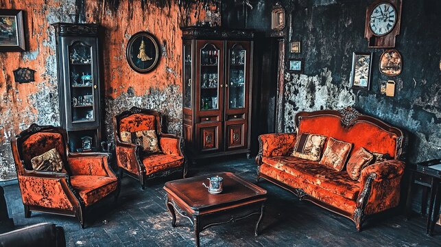 A Vintage Orange Upholstered Living Room Set in a Dimly Lit Antique House Interior