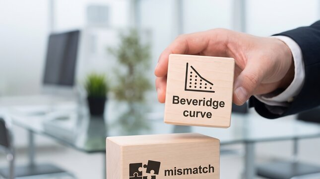 Closeup of hand holding wooden block with Beveridge curve above mismatch block in office