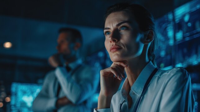Researchers in laboratory looking at computer screens under blue light