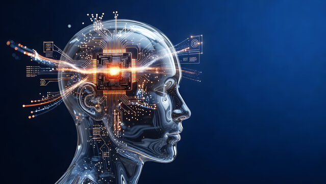 Futuristic Artificial Intelligence Humanoid Head with Digital Neural Processor and Advanced Cognitive Computing Technology Concept