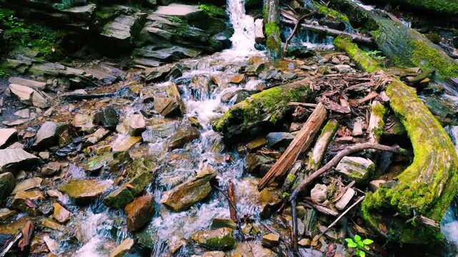 Mingo Creek Cascading Over Small Boulders and Logs at The Bottom of Mingo Falls, Great Smoky Mountains National Park, North Carolina, USA