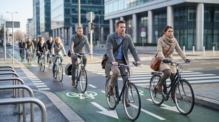 Fototapeta premium Business District Bicycle Arrival Flow in Protected Commuter Lane