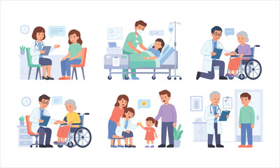 Fototapeta premium Doctor and patient consultation scenes featuring elderly care and pediatric health checkups