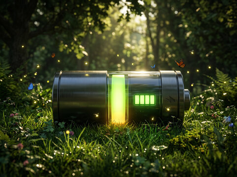 Futuristic high capacity battery cell lying on green grass in enchanted sunlit forest at sunset symbolizing sustainable energy storage solutions and clean eco friendly technology development.