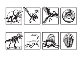Set of eight square icons featuring prehistoric animals and fossils in black and white © Anzuman