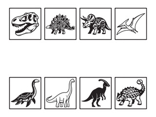 Collection of eight dinosaur and prehistoric creature icons in square frames © Anzuman