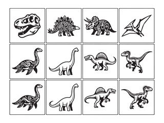 Collection of Black and White Dinosaur Icons and Tribal Style Illustrations © Anzuman