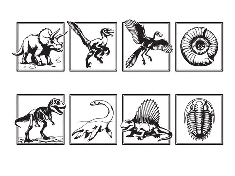 Set of eight square icons featuring prehistoric animals and fossils in black and white
