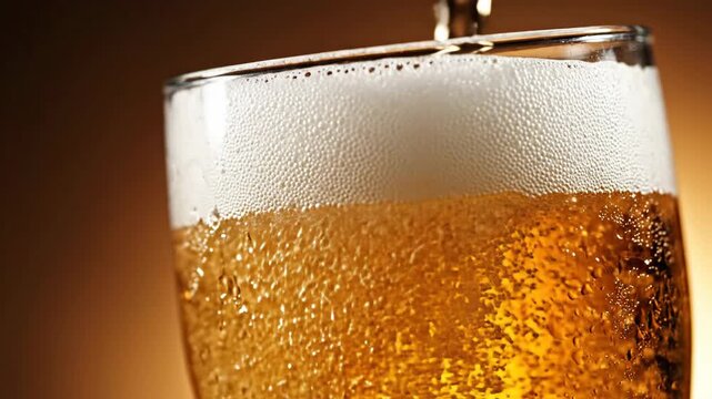 Beer poured into glass with foam.