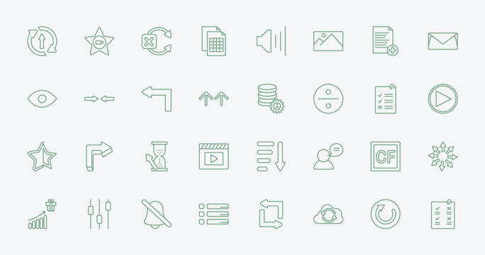 outline user interface icons set - updating arrow, cinema star, analytics tings, cf. editable vector for web and mobile ui