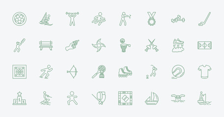 outline sports icons set - football ball circular, man windsurfing, basketball, hurling. editable vector for web and mobile ui © IconArt