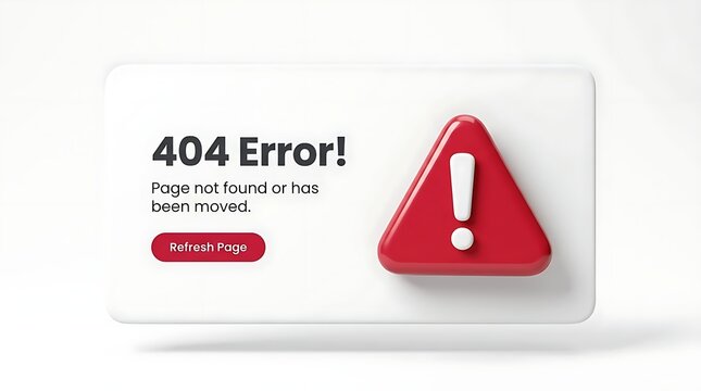 3D render of 404 error page not found message with red warning triangle icon and refresh button