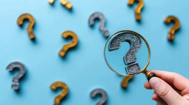 Question marks and magnifying glass concept on blue background