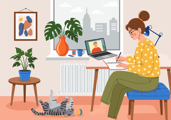 Fototapeta premium Woman working from home flat illustration vector design featuring a cozy office workspace with a cat and virtual meeting for professional remote productivity