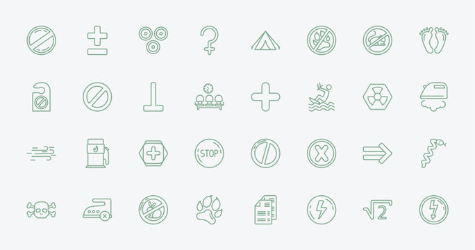 outline signs icons set - prohibition, plus less, addition, implies if. editable vector for web and mobile ui