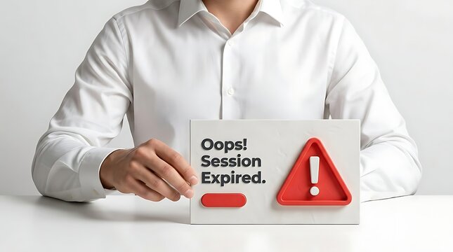 Person holding a sign showing oops session expired error message with 3D red warning triangle and button