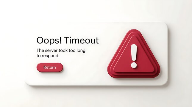 3D popup interface showing oops timeout server error message with red warning triangle and return button