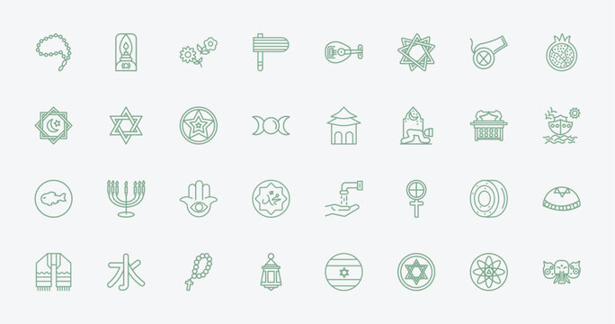 outline religion icons set - prayer beads, old oil lamp, shrine, gefilte fish. editable vector for web and mobile ui