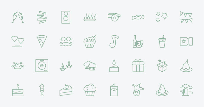 outline party icons set - birthday toast, jenga, big quaver, magician case. editable vector for web and mobile ui