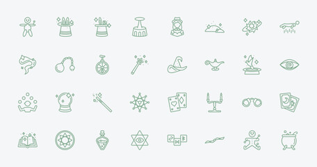 outline magic icons set - voodoo doll, magic trick, witch hat, handcuffs. editable vector for web and mobile ui © IconArt