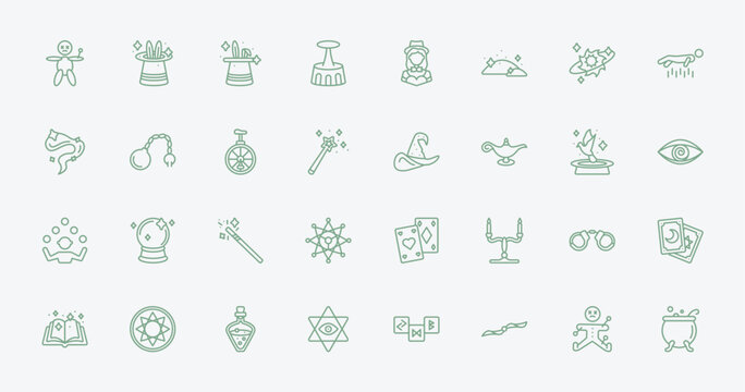 outline magic icons set - voodoo doll, magic trick, witch hat, handcuffs. editable vector for web and mobile ui