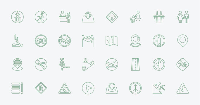 outline maps and flags icons set - crossing road caution, no skiing, treasure map with x, road left side. editable vector for web and mobile ui