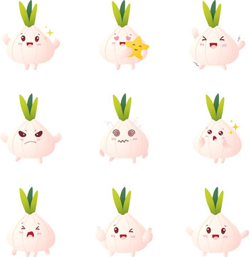 Cute Garlic Character Mascot Set with Various Expressions