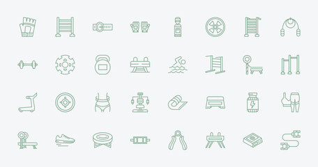 outline gym equipment icons set - training gloves, trellis, swim, supplement. editable vector for web and mobile ui © IconArt