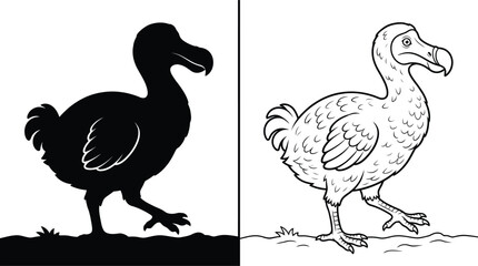 Dodo Bird Illustration with Both a Solid Black Silhouette and an Outlined Drawing on White Background. © Silpi
