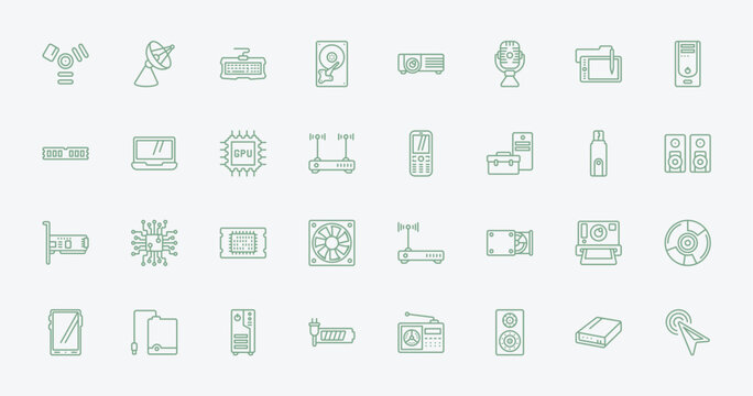 outline hardware icons set - firewire, parabolic, keypad phone, camera. editable vector for web and mobile ui