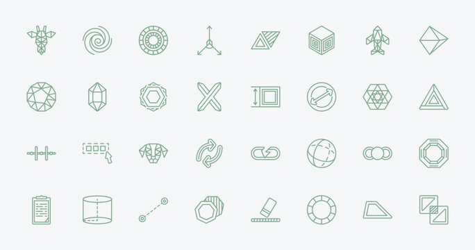 outline geometric figure icons set - polygonal giraffe, spiral, dimension, front. editable vector for web and mobile ui