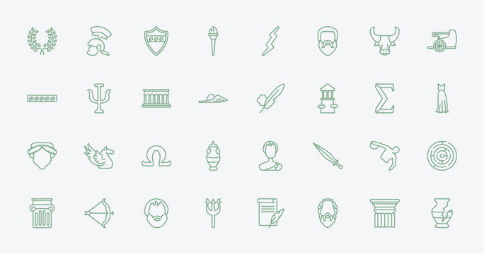 outline greece icons set - laurel, armor, ink and quill, sports games. editable vector for web and mobile ui