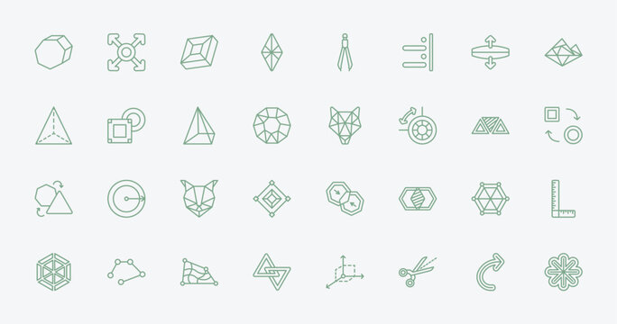 outline geometry icons set - perspective, extend, polygonal wolf head, star of six points. editable vector for web and mobile ui