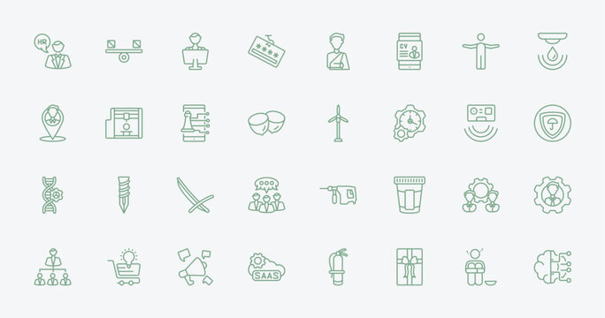 outline general icons set - hr manager, balancer, renewable energy label, outsourcing. editable vector for web and mobile ui
