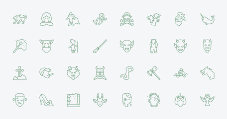outline fairy tale icons set - chimera, little red riding hood, goblin, cinderella carriage. editable vector for web and mobile ui © IconArt