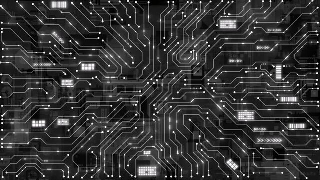 An integrated digital circuit board (PCB) network in a monochrome (black and white) theme. Glowing circuit lines dynamically transmit electrical data across the microelectronic components.