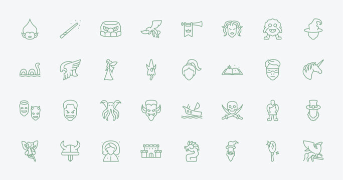 outline fairy tale icons set - troll, magic wand, damsel, giant. editable vector for web and mobile ui
